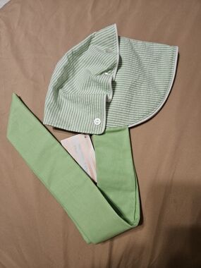 Light Green Striped Sun Bonnet with Ties